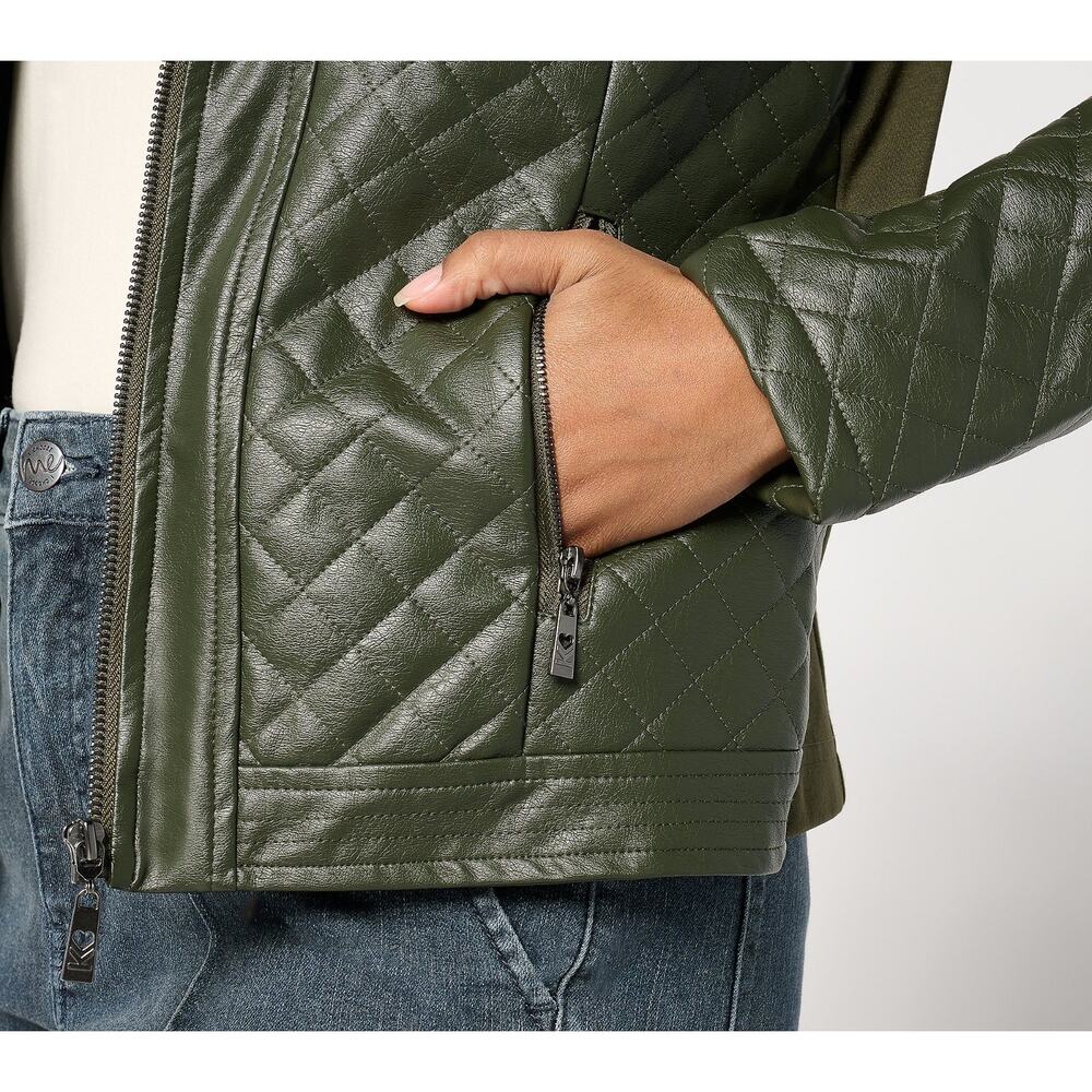Belle by Kim Gravel Faux Leather & Ponte Zip Jacket Black Olive Small A666951 - Picture 4 of 4